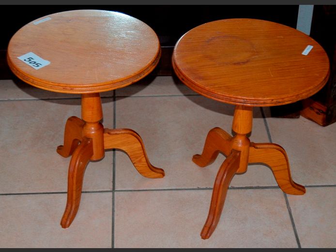 PAIR OAK CIRCULAR SIDE TABLES, 35cm Diameter x 41cm High [Top stained to 1]