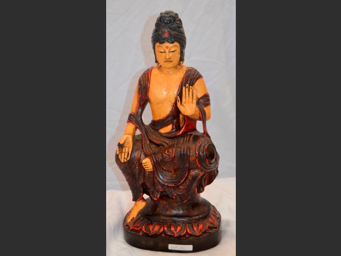 ANTIQUE CHINESE HAND CARVED & LACQUERED FIGURE OF A SEATED BUDDHA, Buddha = 45cm High
