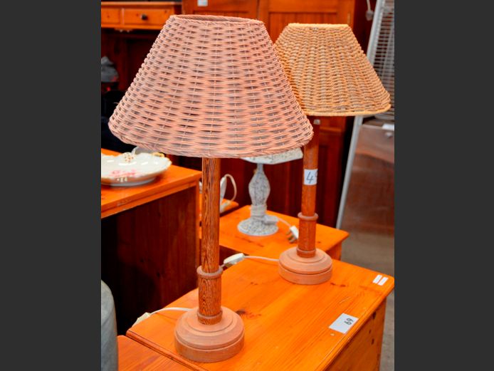 PAIR OREGON PINE TABLE LAMPS WITH WOVEN SHADES, 62cm High