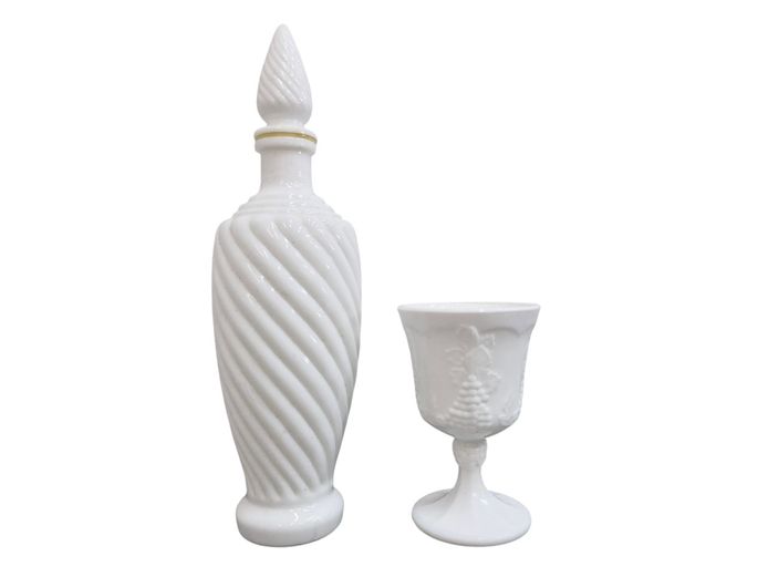 Vintage White Milk Glass Decanter and Goblet