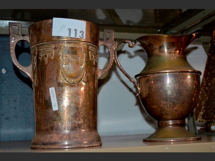 SILVER PLATE: 2-HANDLED VASE & A PITCHER [12,13]