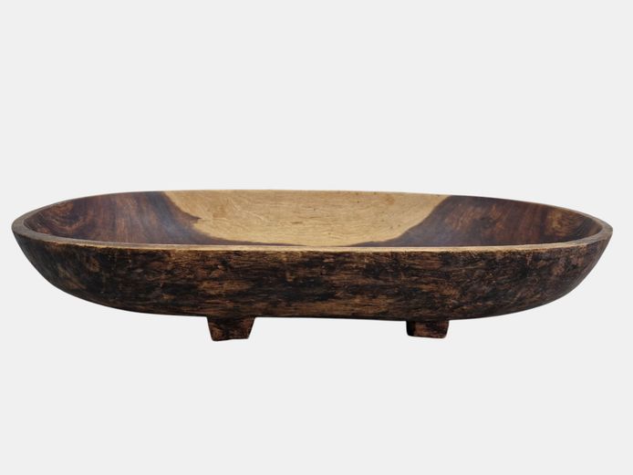 Hand-Carved Oval Wooden Bowl with Short Feet
