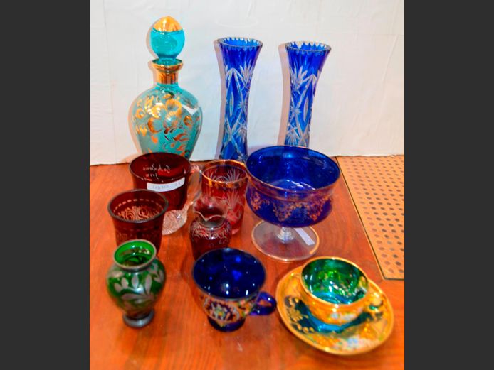 PAIR BLUE & CLEAR CRYSTAL VASES, GILDED COLOURED GLASS BOWL, DEMITASSE CUP & SAUCER, BUD VASES, etc