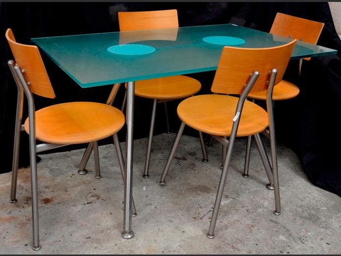 GENUINE BULTHAUP STAINLESS STEEL TABLE WITH FROSTED GLASS & 4 CHAIRS, 120 x 80 x 74cm