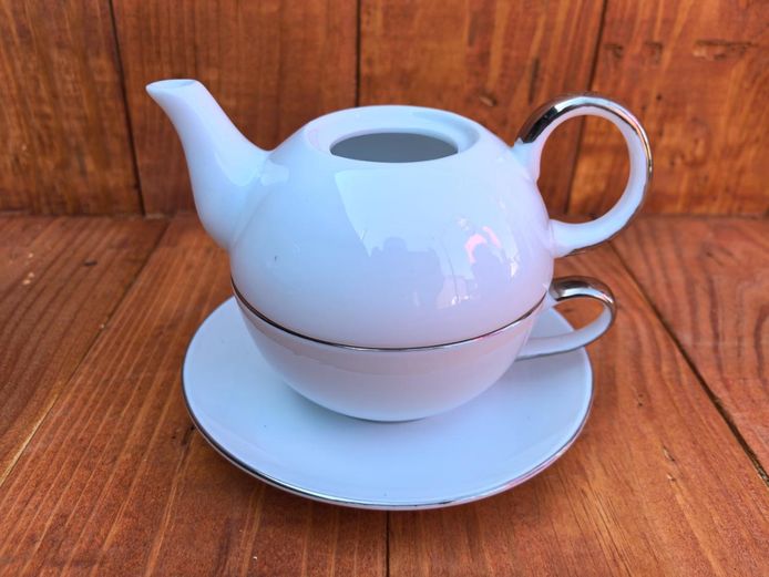 White Ceramic Tea Stacking Teapot and Cup Set - Silver Accents