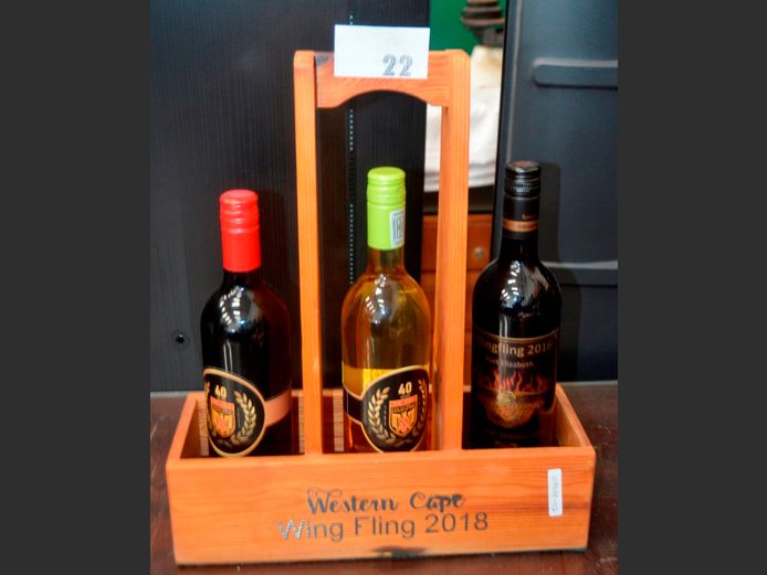 "GOLDWING RIDERS" PINE CADDY WITH RED & WHITE WINE, 35 x 11 x 42cm [Condition of contents unknown]