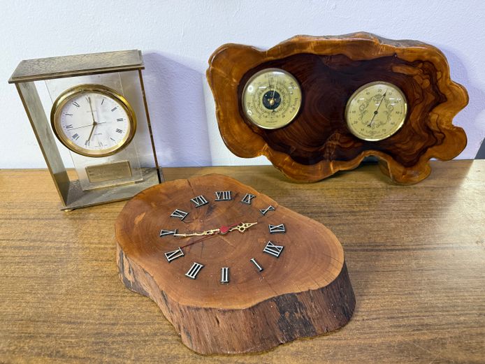 Set of 2 Clocks + Wood Piece Design with Barometer and Thermometer 
