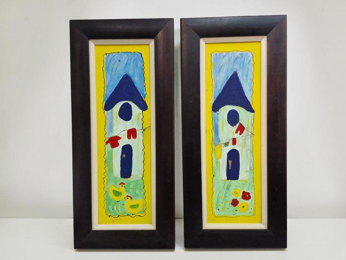 Pair of Vibrant Folk Art Rondawel Scenes 