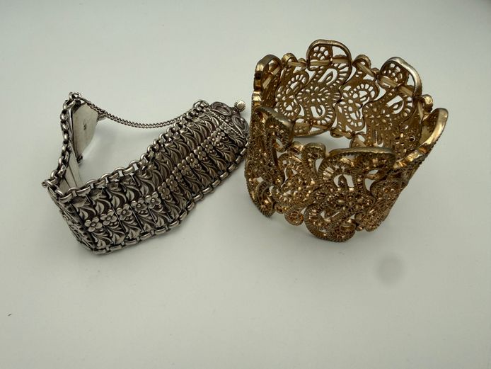 Two bracelets - Gold lace effect and silver floral design