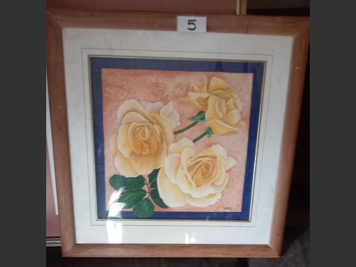 FRAMED WATERCOLOUR ON FABRIC "FLOWERS", 39 x 39cm