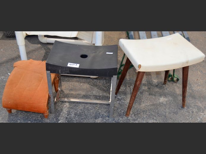 BLACK & CHROME SIDE TABLE/FOOTSTOOL & PAIR VINTAGE FOOTSTOOLS [3,4] [In need of restoration]