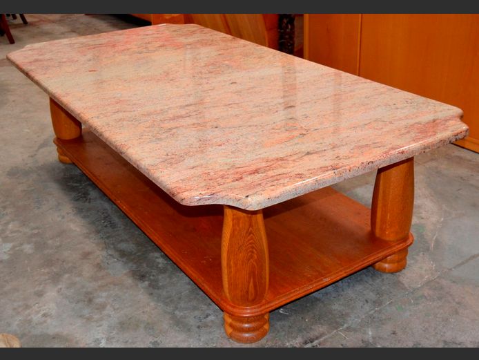 OAK COFFEE TABLE WITH BEIGE MARBLE TOP, 197 x 100 x 56cm