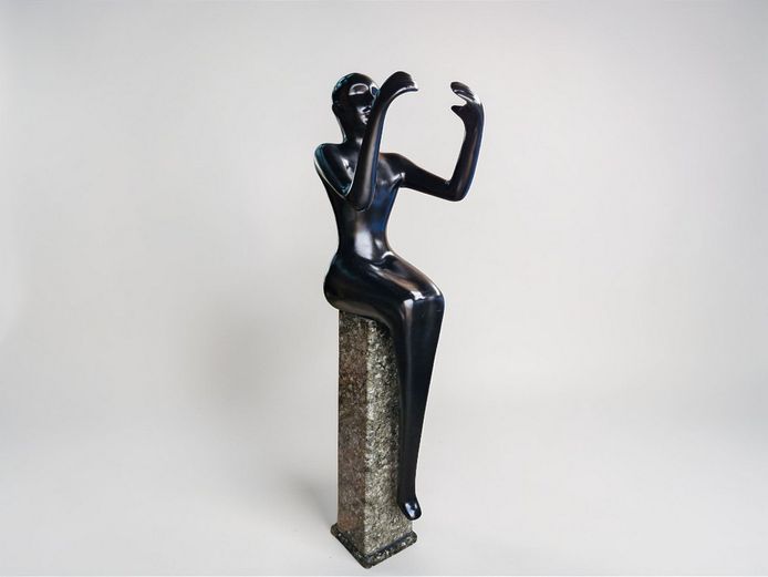 Modern Contemporary Fiberglass Figure Sculpture on Granite Pedestal