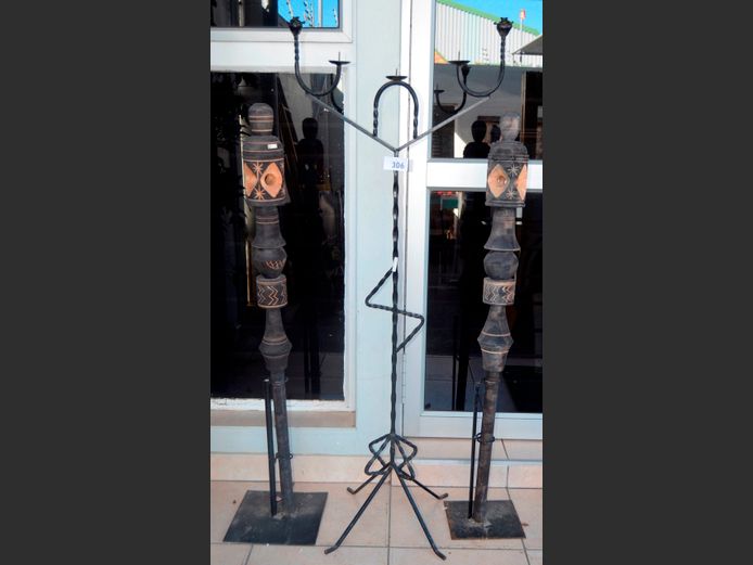 METAL FLOOR STANDING CANDLE STAND & PAIR CARVED TOTEMS
