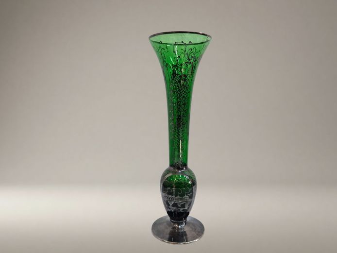 Art Nouveau Emerald Glass Vase with Silver Overlay
