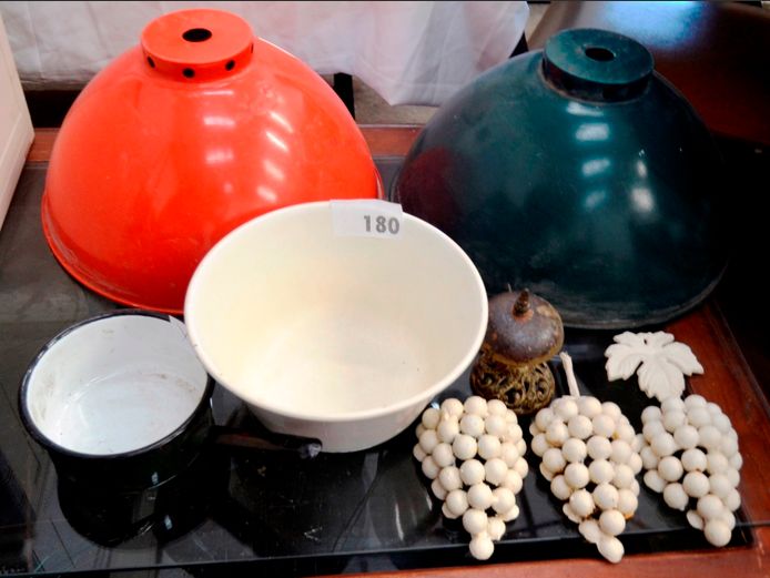 ANTIQUE CAST IRON SERVICE BELL, ENAMEL SAUCEPAN, ENAMEL POPCORN BOWL, etc