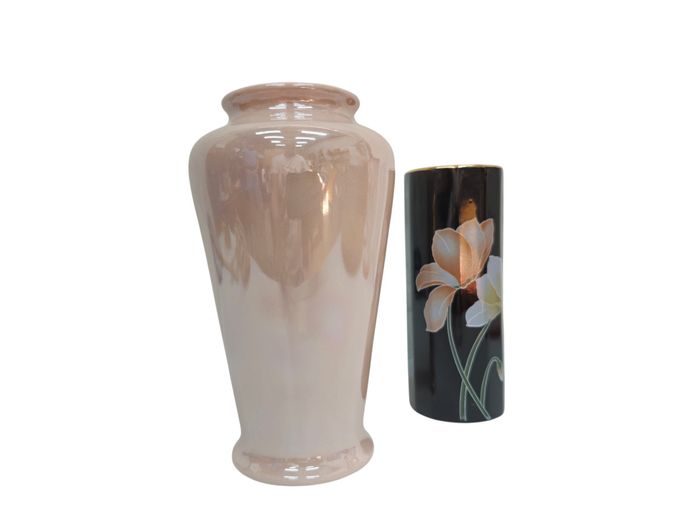 Curated Duo of Ceramic Vases: Lustreware Baluster & Gilded Floral Cylinder