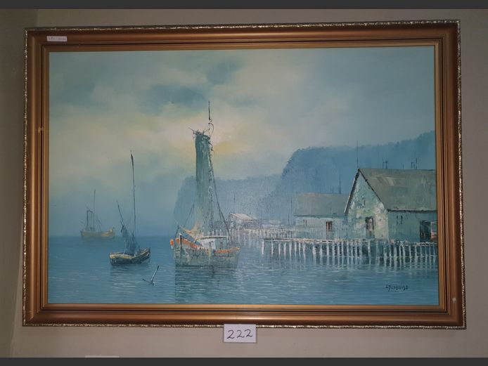 GILT FRAMED OIL ON BOARD "FISHING BOATS", 88 x 58cm