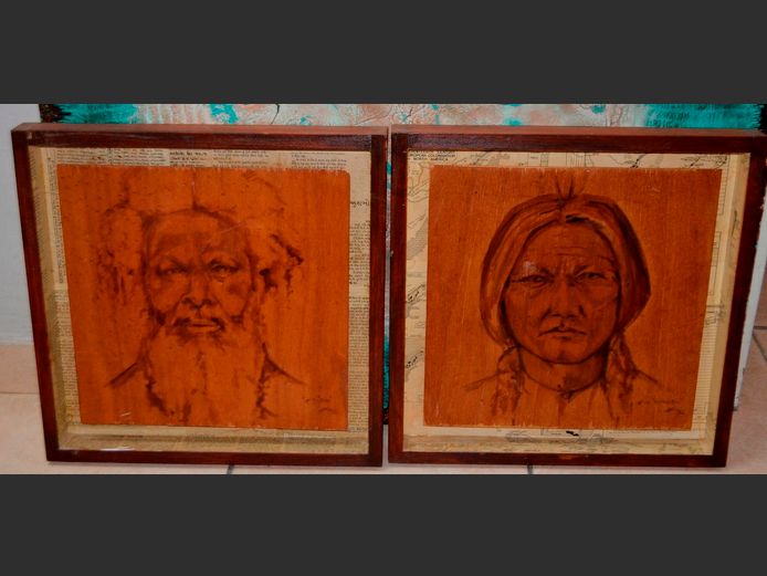 PAIR FRAMED WOODCUTS "PORTRAITS", 50 X 50CM