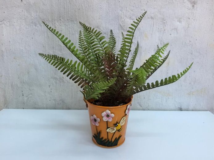 Artificial Potted Fern in Decorative Orange Bee & Flower Metal Pail