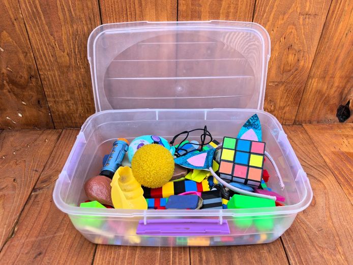 Bulk Toy Lot with Storage Box - Lego, Rubik's Cube, Novelty Toys