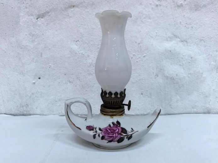 Small Vintage Floral Porcelain Chamber Oil Lamp - Milk Glass Chimney