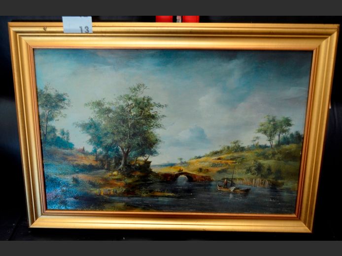 GILT FRAMED OIL ON BOARD "BOAT ON RIVER", 68 x 43.5cm