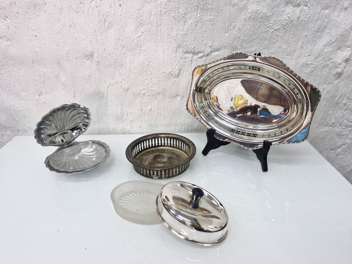 4pc Vintage Silver Plate Serving Ware Lot - Tray, Shell Dish, Coaster