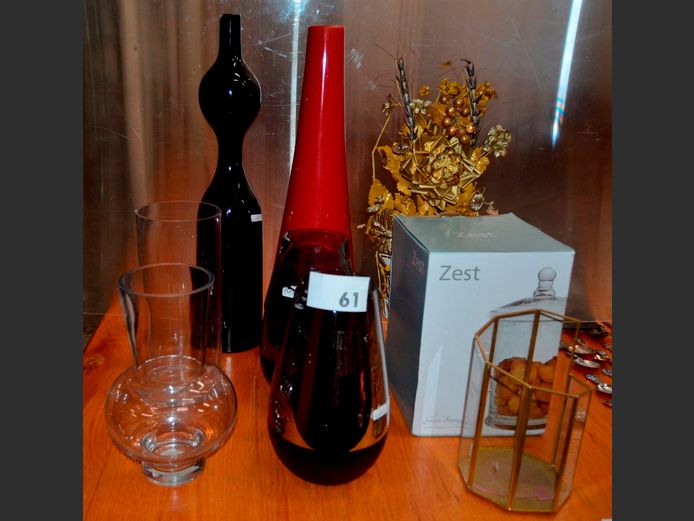 ZEST GLASS COOKIE JAR, GLASS VASES, BLACK & RED VASES, etc [Some pieces chipped]