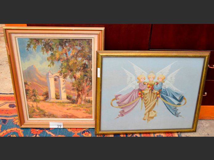 FRAMED OIL ON BOARD "SLAVE BELL" SIGNED NOTA ELLEN & A TAPESTRY, 44 x 34cm & 49 x 39cm