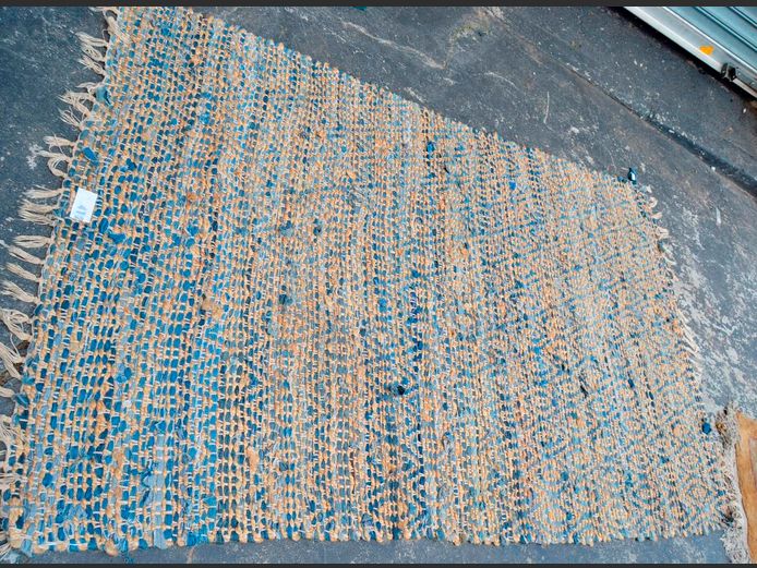 BEIGE & BLUE WOVEN RUG, 200 x 126cm