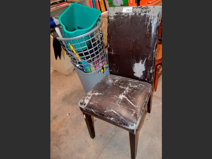 LAUNDRY BASKETS, BROWN LEATHER TOUCH CHAIR [Peeling], etc