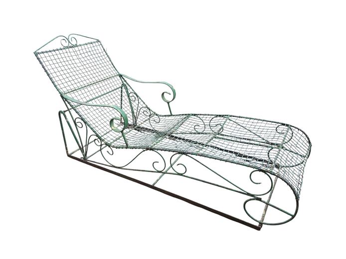 Vintage Wrought Iron & Wire Mesh Garden Lounger