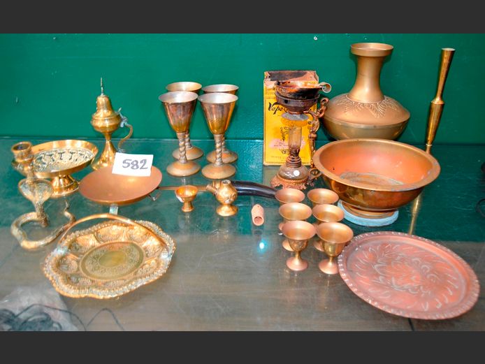 BRASS SWEETS BASKET, PIERCED BOWL, VASE, etc