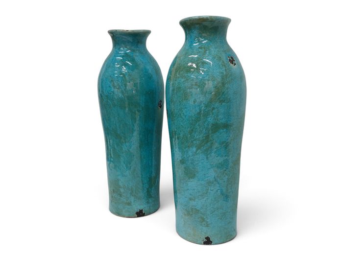 Pair of Artisanal Turquoise-Glazed Ceramic Baluster Vases