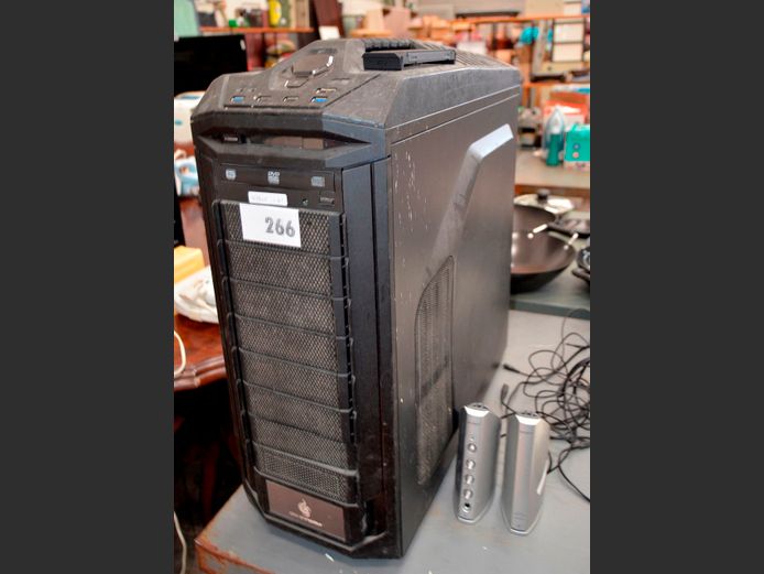 GM STORM GAMING COMPUTER WITH PAIR COMPUTER SPEAKERS [Switches on, untested further]