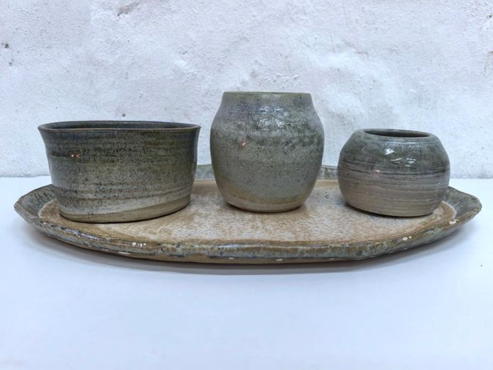 4-Piece Handcrafted Studio Pottery Set with Tray and Pots