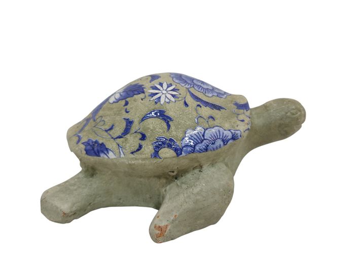 Decorative Terracotta Turtle Figurine with Transfer-Printed Glazed Shell