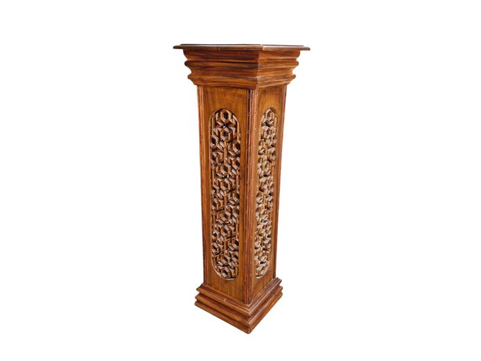 Orientalist Style Carved Lattice Fretwork Wood Pedestal Stand