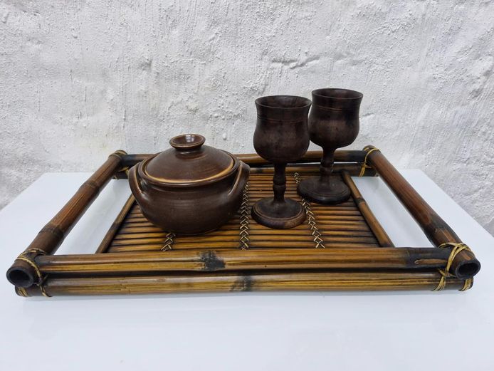 Drinkware & Serving Set - Bamboo Tray, Wooden Goblets, Ceramic Pot