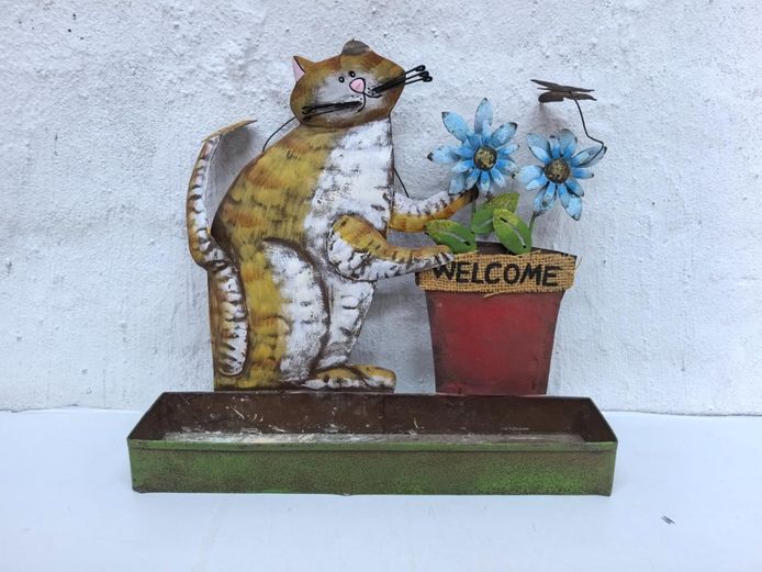 Rustic Painted Metal Cat & Flower Welcome Planter Tray