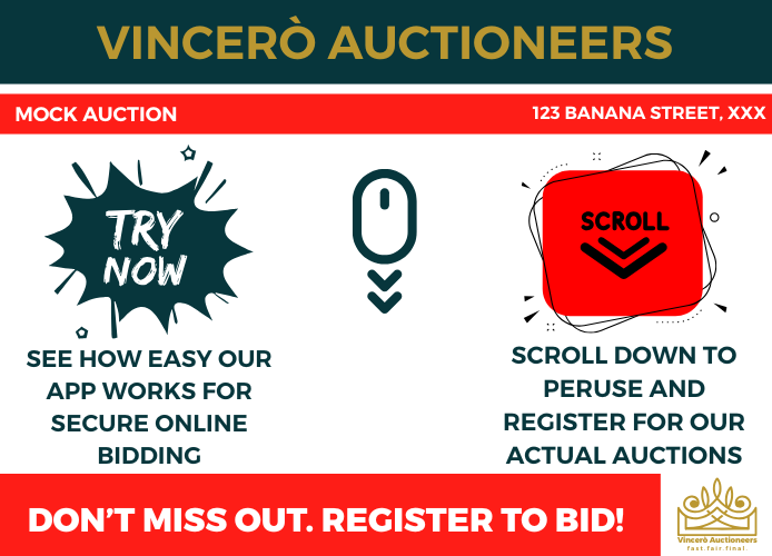  Scroll for all our live auctions. This is a FREE Mock Auction where you can practice and place mock bids to see our platform in action!
