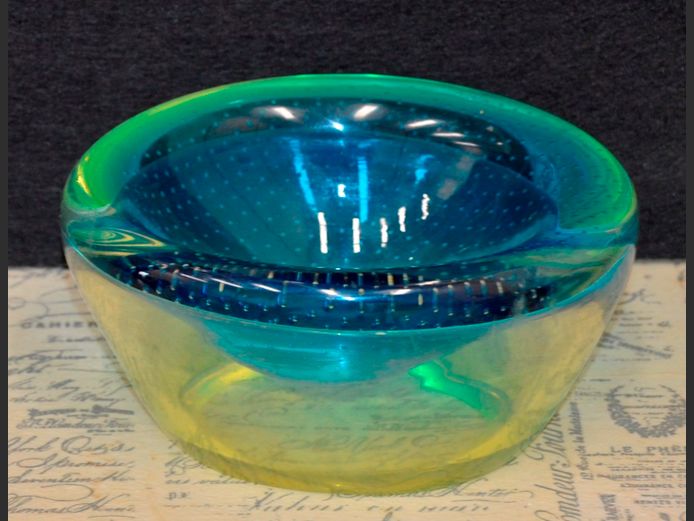 MURANO YELLOW & BLUE BOWL, 16 x 14 x 7.5cm