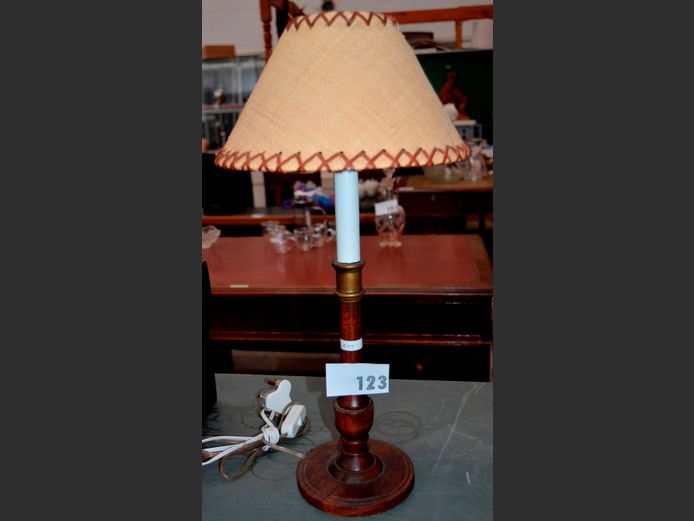 WOODEN BEDSIDE LAMP WITH WOVEN SHADE, 51cm High