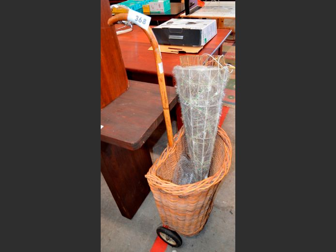 CANE & WICKER SHOPPING TROLLEY & A CHRISTMAS TREE