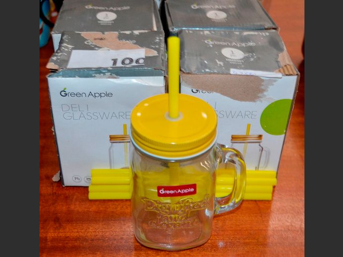SET OF 6 GREEN APPLE GLASS JARS WITH STRAWS