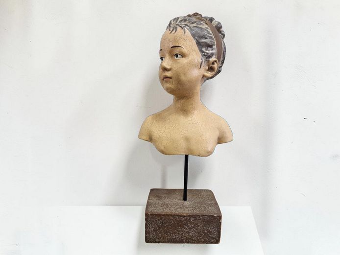 Vintage Crackle Glaze Ceramic Bust of a Young Girl on Plinth