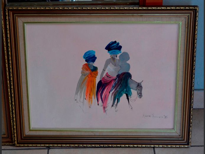 HELENA MOMMEN GILT FRAMED OIL ON BOARD "AFRICAN LADY RIDING A DONKEY", 59 x 44cm