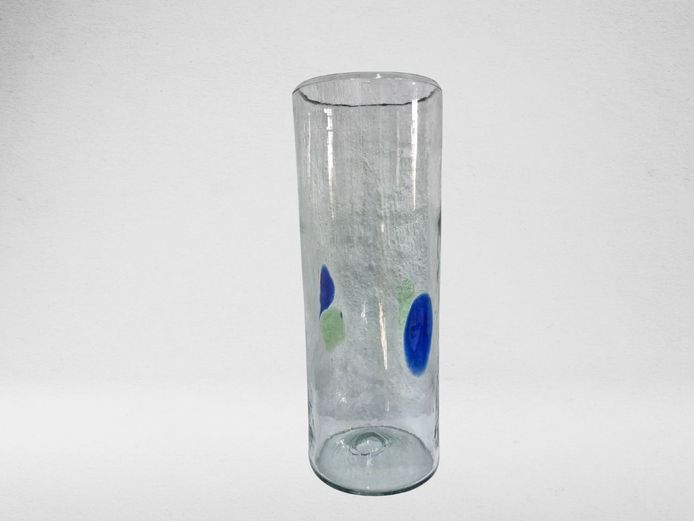Hand-Blown Murano-Style Art Glass Cylinder Vase with Cobalt Maculae
