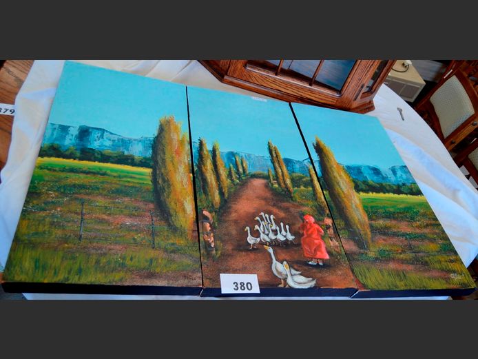 TRIPTYCH UNFRAMED OILS ON CANVAS "FARM SCENE", 92 x 61cm